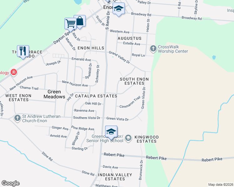 map of restaurants, bars, coffee shops, grocery stores, and more near Coronado Trail in Enon
