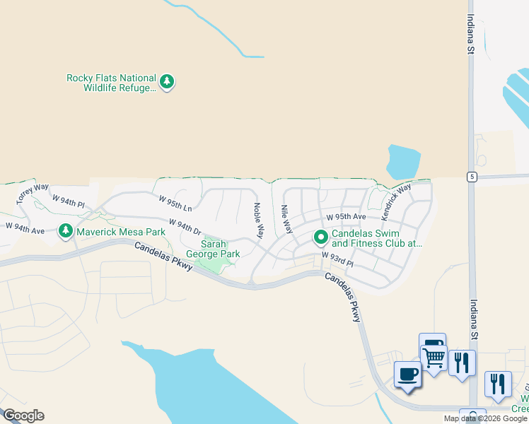 map of restaurants, bars, coffee shops, grocery stores, and more near 9443 Noble Way in Arvada
