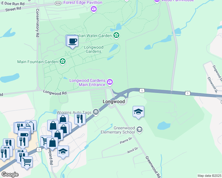 map of restaurants, bars, coffee shops, grocery stores, and more near Longwood Rd in Kennett Square