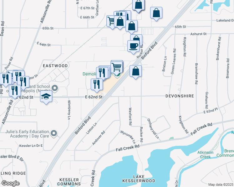 map of restaurants, bars, coffee shops, grocery stores, and more near 5151 East 62nd Street in Indianapolis