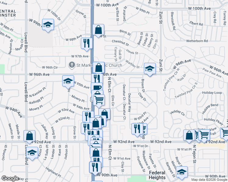 map of restaurants, bars, coffee shops, grocery stores, and more near 9400 North Elm Court in Denver