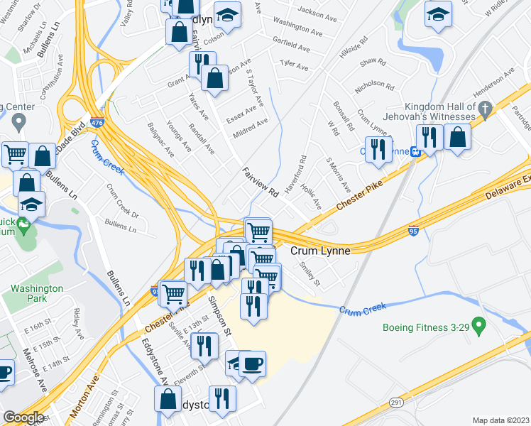 map of restaurants, bars, coffee shops, grocery stores, and more near 237 Randall Street in Crum Lynne