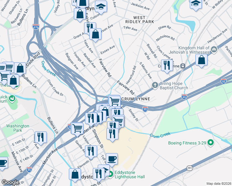map of restaurants, bars, coffee shops, grocery stores, and more near 233 Randall Street in Crum Lynne