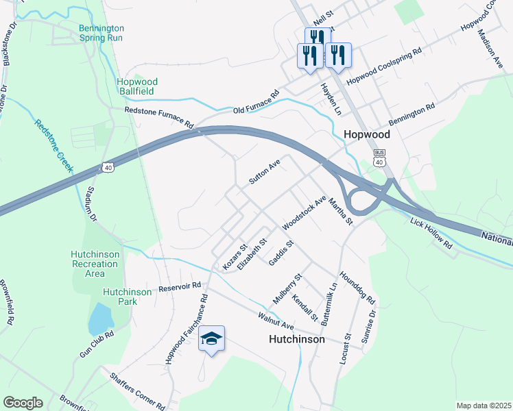 map of restaurants, bars, coffee shops, grocery stores, and more near 191 Hopwood Fairchance Road in Uniontown