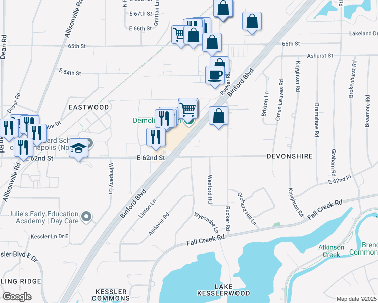 map of restaurants, bars, coffee shops, grocery stores, and more near 5151 East 62nd Street in Indianapolis