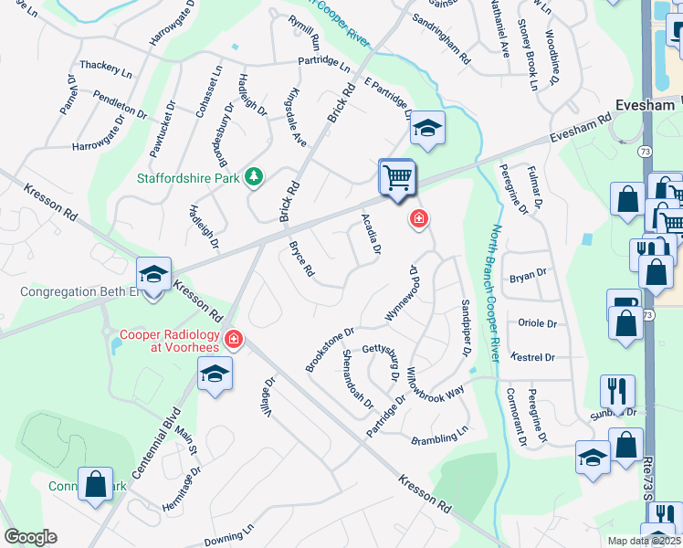 map of restaurants, bars, coffee shops, grocery stores, and more near 44 Acadia Drive in Voorhees Township