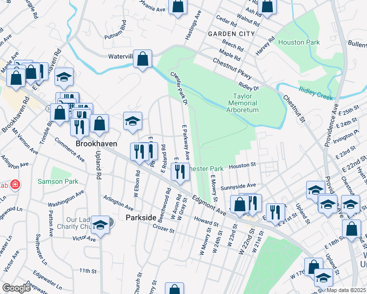 map of restaurants, bars, coffee shops, grocery stores, and more near 154 East Parkway Avenue in Chester