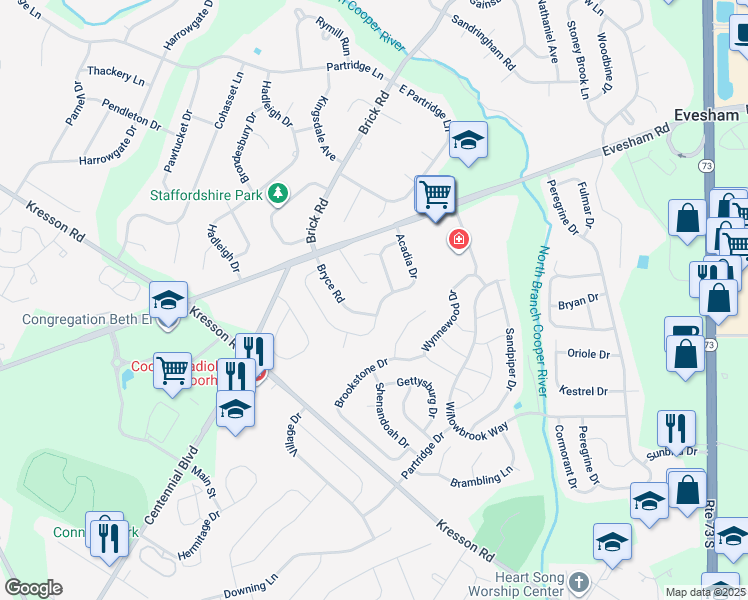 map of restaurants, bars, coffee shops, grocery stores, and more near 44 Acadia Drive in Voorhees Township