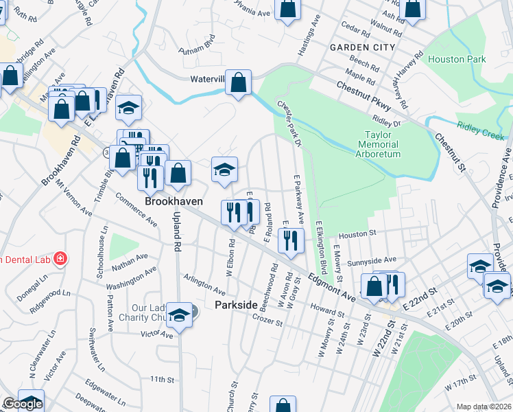 map of restaurants, bars, coffee shops, grocery stores, and more near 28 East Chelton Road in Brookhaven