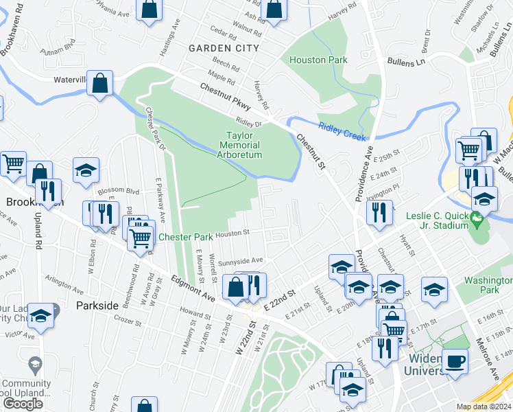 map of restaurants, bars, coffee shops, grocery stores, and more near 2676 Madison Street in Chester