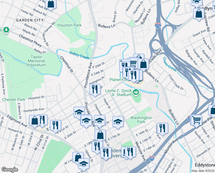 map of restaurants, bars, coffee shops, grocery stores, and more near 907 East 22nd Street in Chester