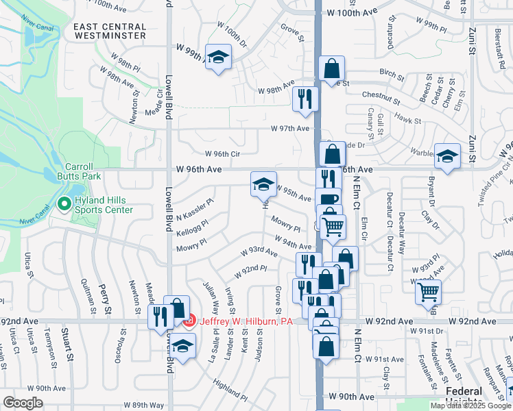 map of restaurants, bars, coffee shops, grocery stores, and more near 9451 Hooker Street in Westminster