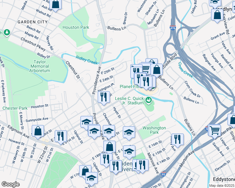 map of restaurants, bars, coffee shops, grocery stores, and more near 701 East 23rd Street in Chester