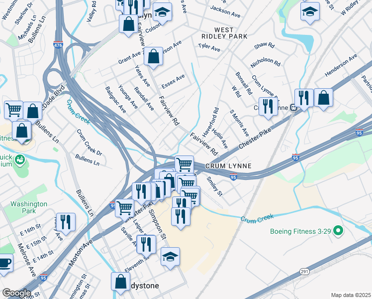 map of restaurants, bars, coffee shops, grocery stores, and more near 237 Randall Street in Crum Lynne