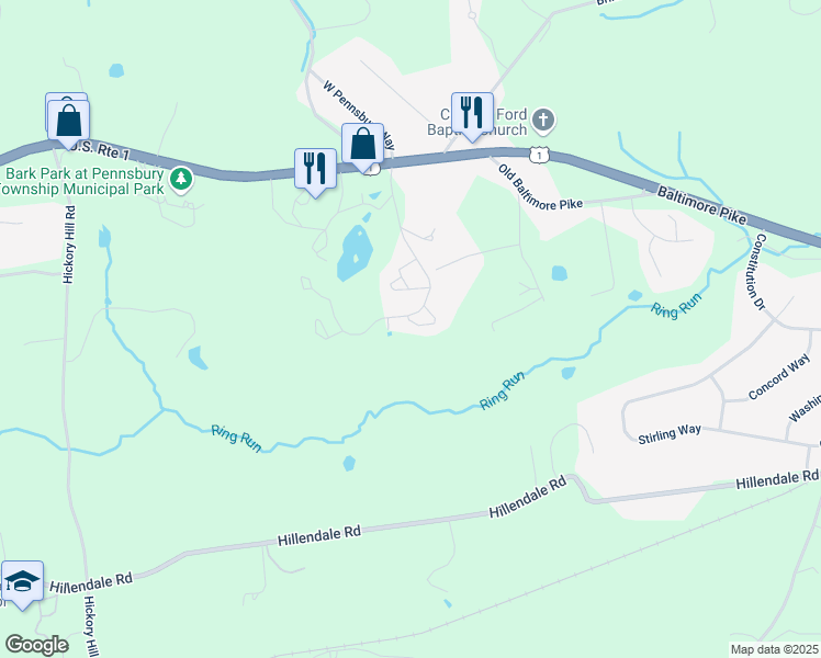 map of restaurants, bars, coffee shops, grocery stores, and more near 218 East Village Lane in Chadds Ford
