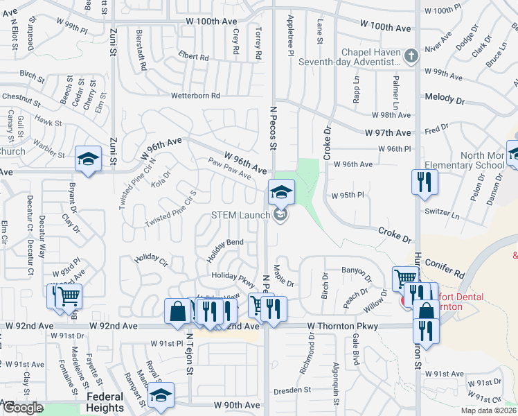 map of restaurants, bars, coffee shops, grocery stores, and more near 9470-9498 Pecos Street in Federal Heights
