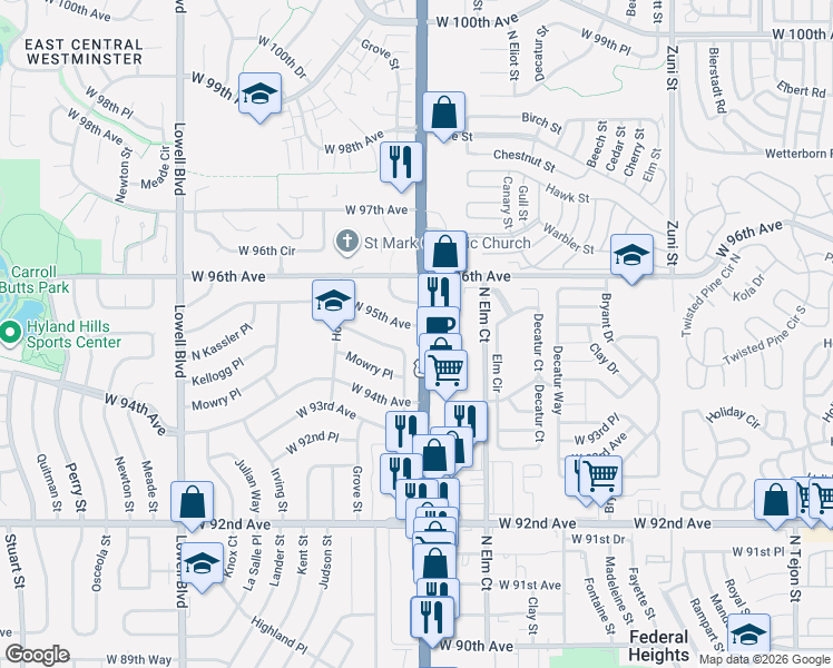 map of restaurants, bars, coffee shops, grocery stores, and more near 9470 Green Court in Westminster