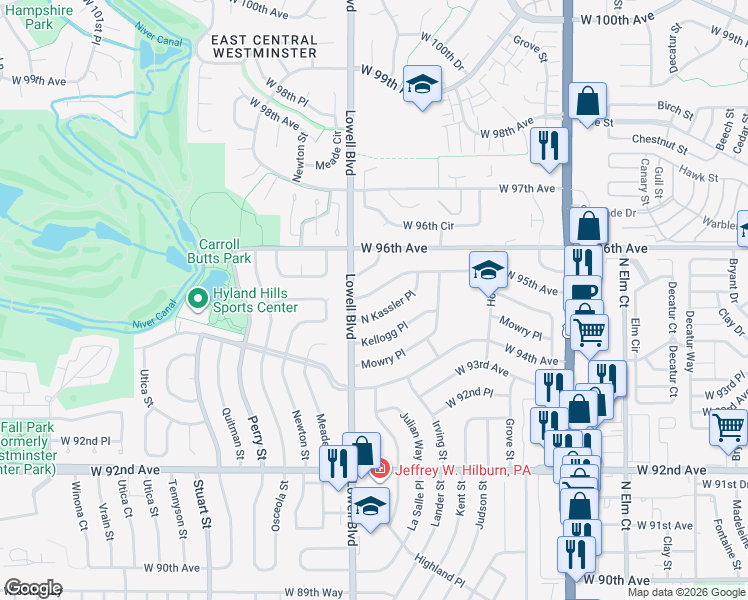 map of restaurants, bars, coffee shops, grocery stores, and more near 3470 North Kassler Place in Westminster