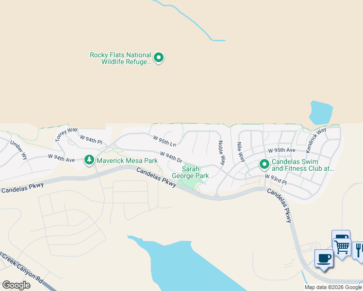 map of restaurants, bars, coffee shops, grocery stores, and more near 9501 Orion Way in Arvada