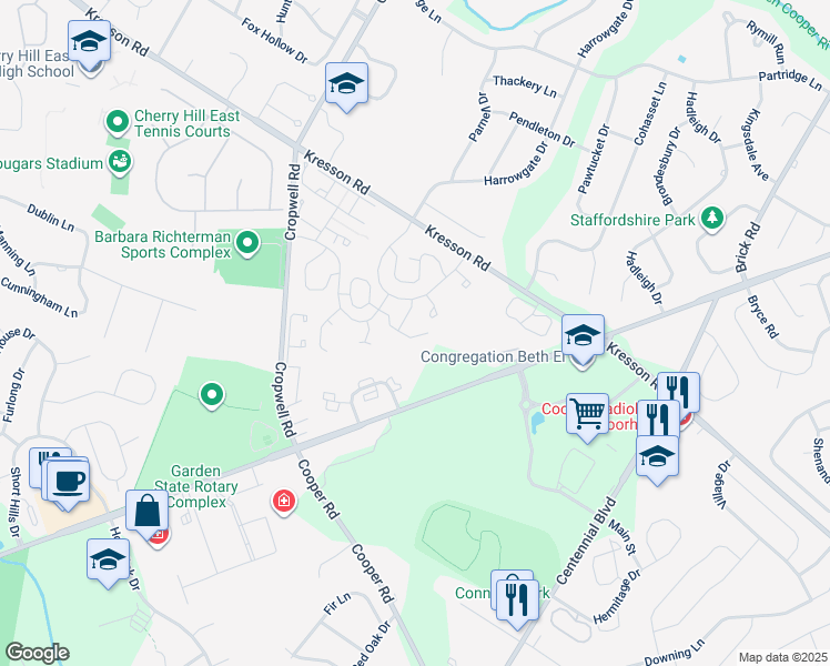 map of restaurants, bars, coffee shops, grocery stores, and more near 210 Chanticleer in Cherry Hill Township