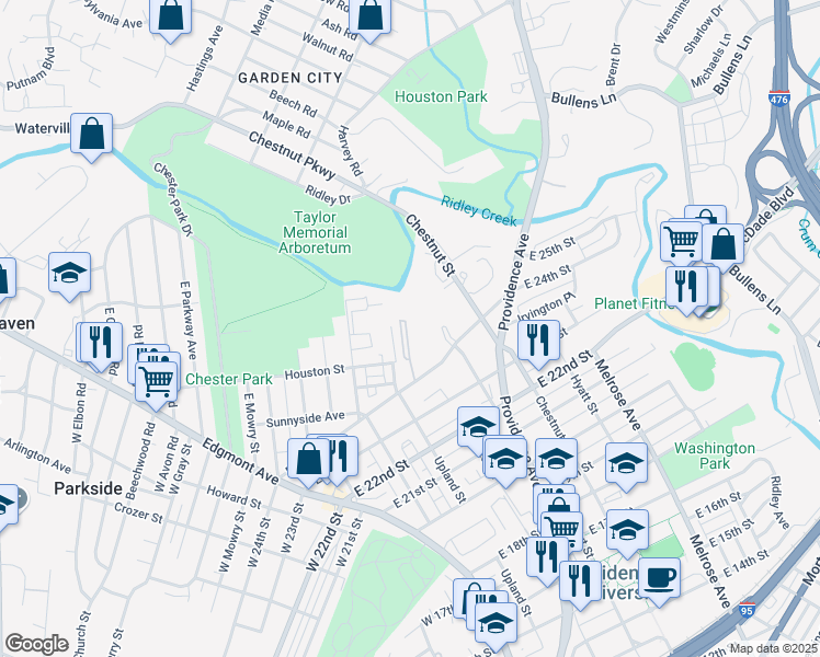 map of restaurants, bars, coffee shops, grocery stores, and more near 306 Houston Street in Chester