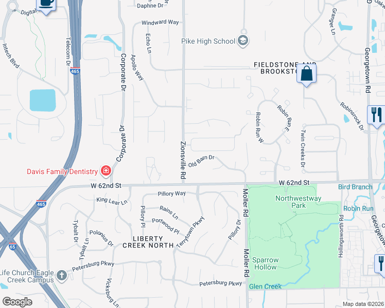 map of restaurants, bars, coffee shops, grocery stores, and more near 5597 Old Barn Drive in Indianapolis