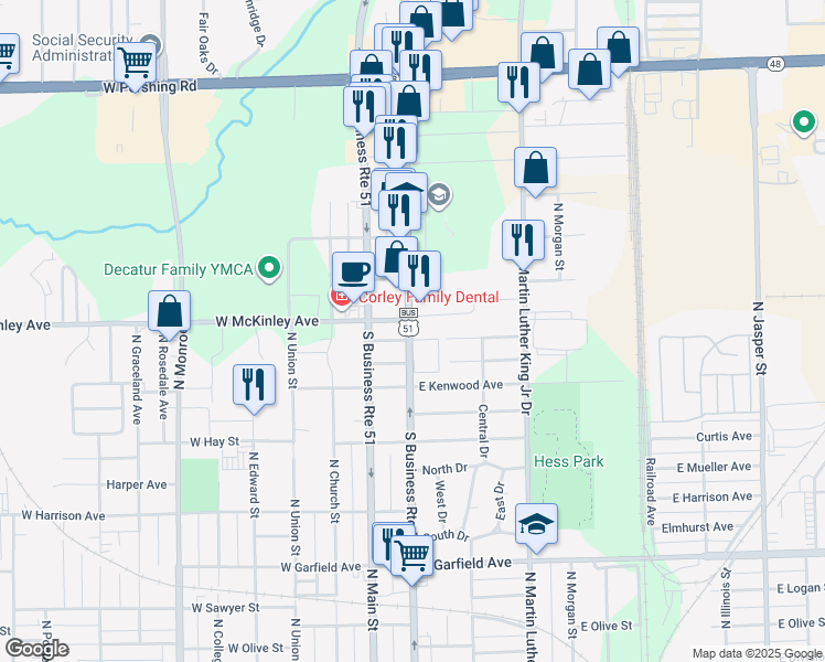map of restaurants, bars, coffee shops, grocery stores, and more near 2430 North Water Street in Decatur
