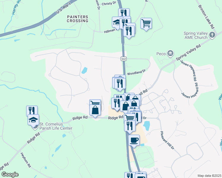 map of restaurants, bars, coffee shops, grocery stores, and more near 18 Longview Road in Glen Mills
