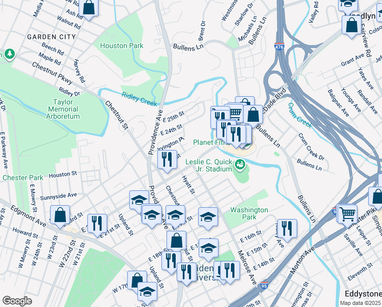 map of restaurants, bars, coffee shops, grocery stores, and more near 703 East 23rd Street in Chester