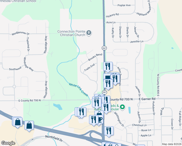 map of restaurants, bars, coffee shops, grocery stores, and more near 19 East Branch in Brownsburg