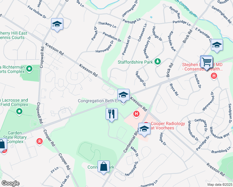 map of restaurants, bars, coffee shops, grocery stores, and more near 1303 The Woods in Cherry Hill