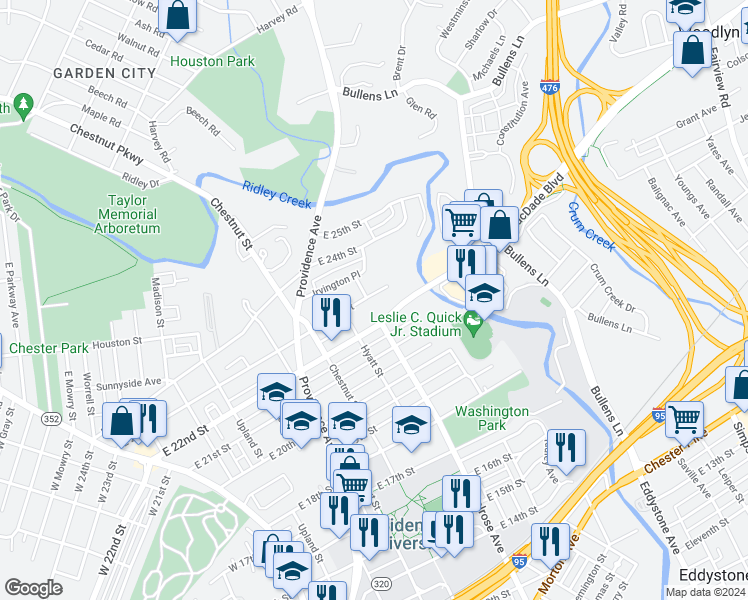 map of restaurants, bars, coffee shops, grocery stores, and more near 701 East 23rd Street in Chester
