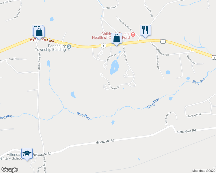map of restaurants, bars, coffee shops, grocery stores, and more near 330 South Village Lane in Chadds Ford