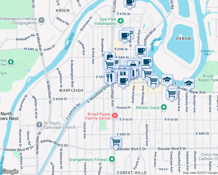 map of restaurants, bars, coffee shops, grocery stores, and more near 6224 North College Avenue in Indianapolis