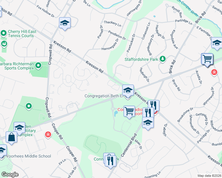 map of restaurants, bars, coffee shops, grocery stores, and more near 1501 Chestnut Circle in Cherry Hill