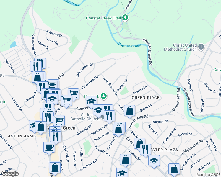 map of restaurants, bars, coffee shops, grocery stores, and more near 20 Schoolhouse Lane in Village Green