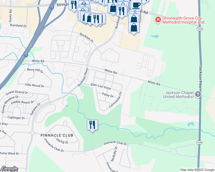 map of restaurants, bars, coffee shops, grocery stores, and more near 1426 Palay Drive in Grove City