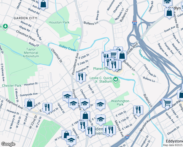 map of restaurants, bars, coffee shops, grocery stores, and more near 703 East 23rd Street in Chester