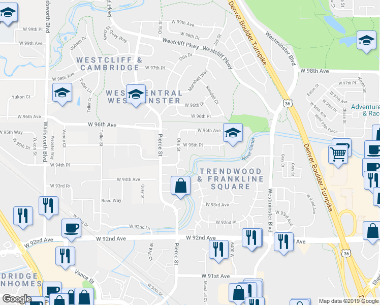 map of restaurants, bars, coffee shops, grocery stores, and more near 6407 West 95th Avenue in Westminster