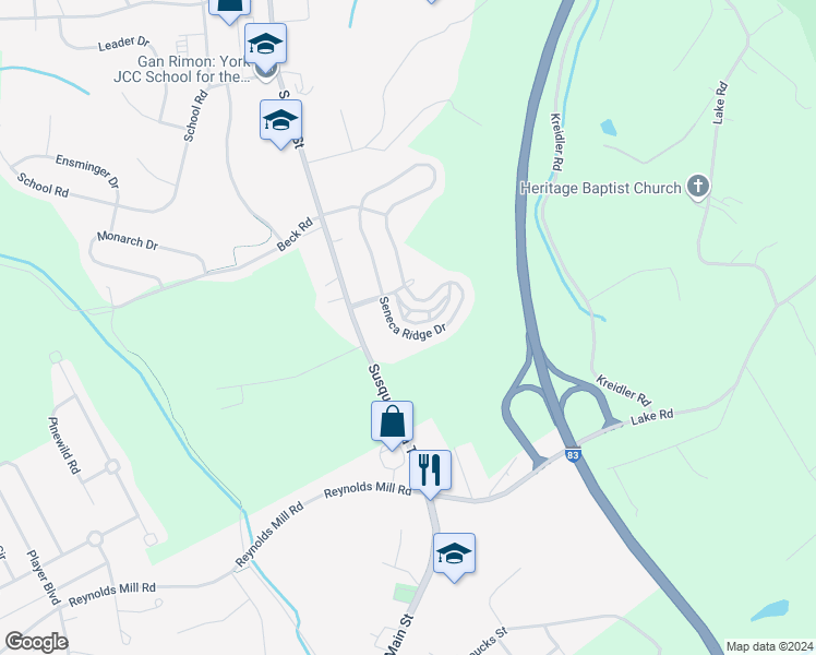 map of restaurants, bars, coffee shops, grocery stores, and more near 6989 South Sentinel Lane in York