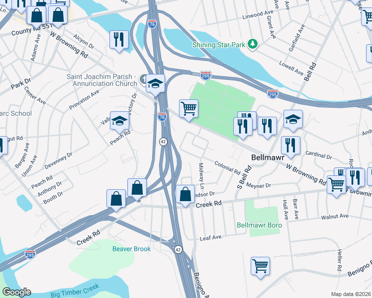 map of restaurants, bars, coffee shops, grocery stores, and more near in Bellmawr