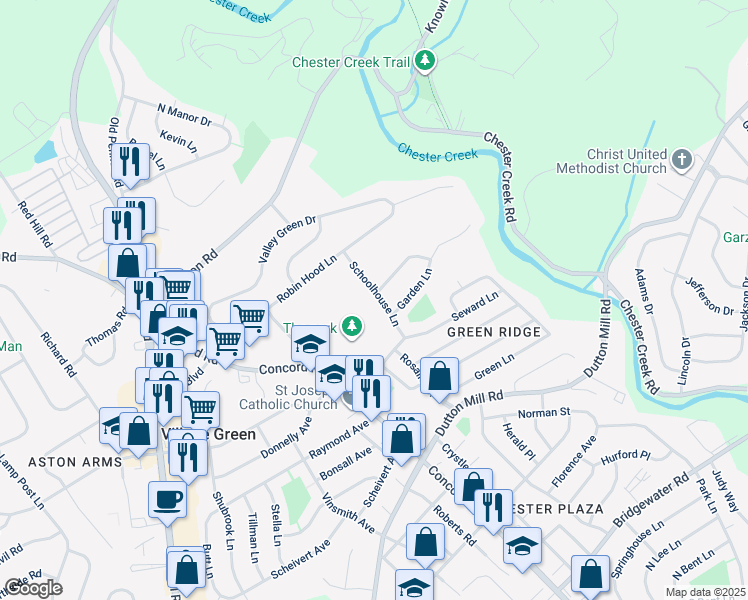 map of restaurants, bars, coffee shops, grocery stores, and more near 20 Schoolhouse Lane in Village Green