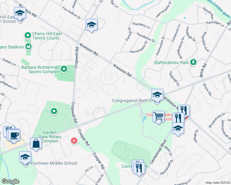 map of restaurants, bars, coffee shops, grocery stores, and more near 206 Chanticleer in Cherry Hill