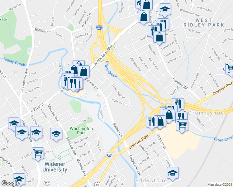 map of restaurants, bars, coffee shops, grocery stores, and more near 159 Crum Creek Drive in Woodlyn