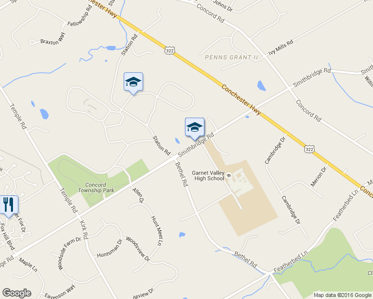 map of restaurants, bars, coffee shops, grocery stores, and more near 575 Smithbridge Road in Glen Mills
