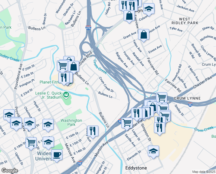 map of restaurants, bars, coffee shops, grocery stores, and more near 156 Crum Creek Drive in Woodlyn