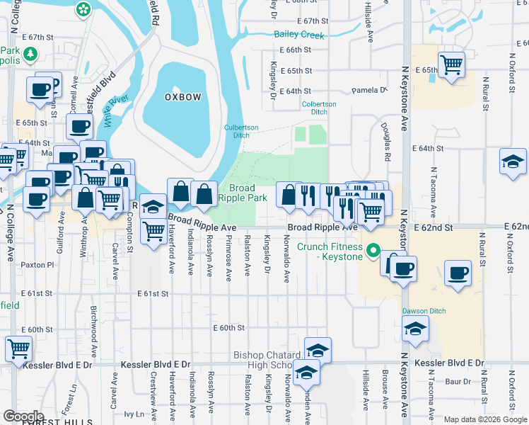 map of restaurants, bars, coffee shops, grocery stores, and more near 6222 Kingsley Drive in Indianapolis