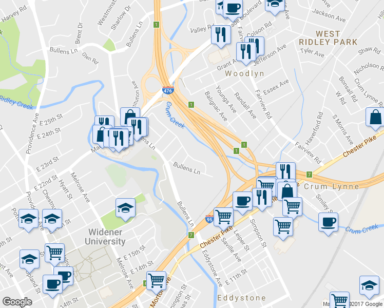 map of restaurants, bars, coffee shops, grocery stores, and more near 156 Crum Creek Drive in Woodlyn