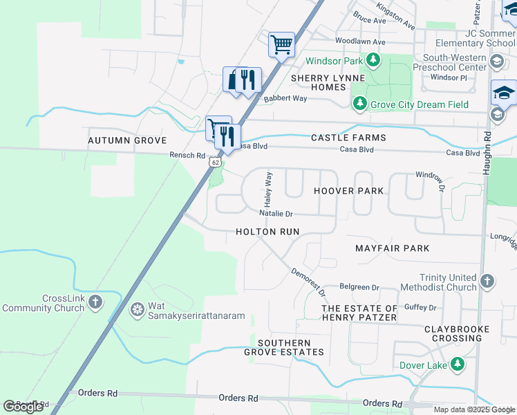 map of restaurants, bars, coffee shops, grocery stores, and more near 3612 Natalie Drive in Grove City