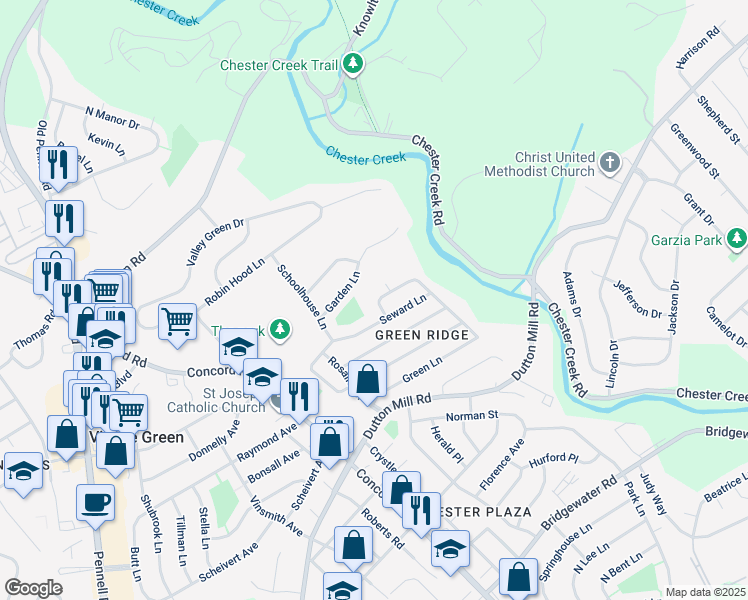map of restaurants, bars, coffee shops, grocery stores, and more near 118 Mildred Lane in Aston